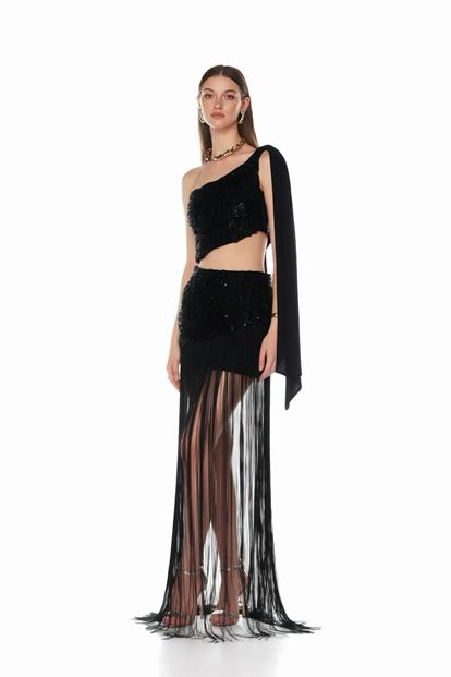 Schwarzes One Shoulder Pailletten Fransen Abendkleid